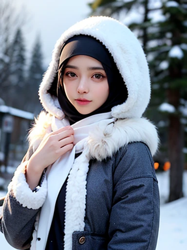 muslim girl, hijab, fur puffer winter coat with hood, snowy background