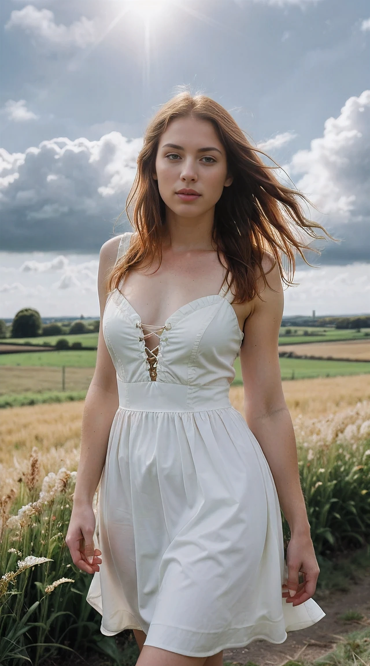 (Francesca La Rossa) photo of a stunning beautiful woman, 24 years old, perfect fit body, big green eyes, long messy windy ginger hair, green eyes, ginger hair, (realistic:1.3), finely detailed, quality, rembrandt lighting, (masterpiece:1.2), (photorealistic:1.2), (best quality), (detailed skin:1.3), (intricate details), dramatic, ray tracing, 1girl, irish white girl, ginger hair, 24 years old, medium breasts, (Meadow, Sun, Clouds, Field, Farming, Starlight, Walking trail), yellow dress, (Nick Knight, Peter Lindbergh style)