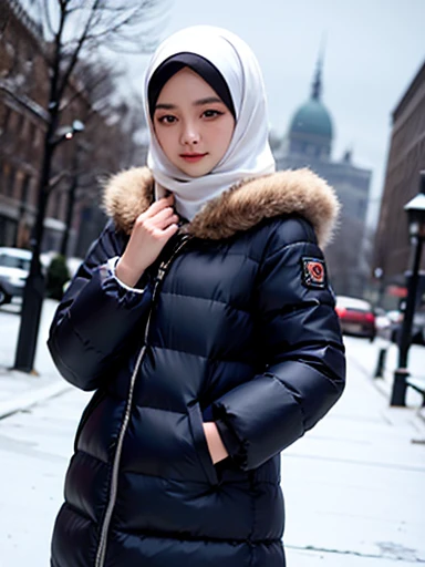 muslim girl, hijab, fur puffer winter coat with hood, snowy background