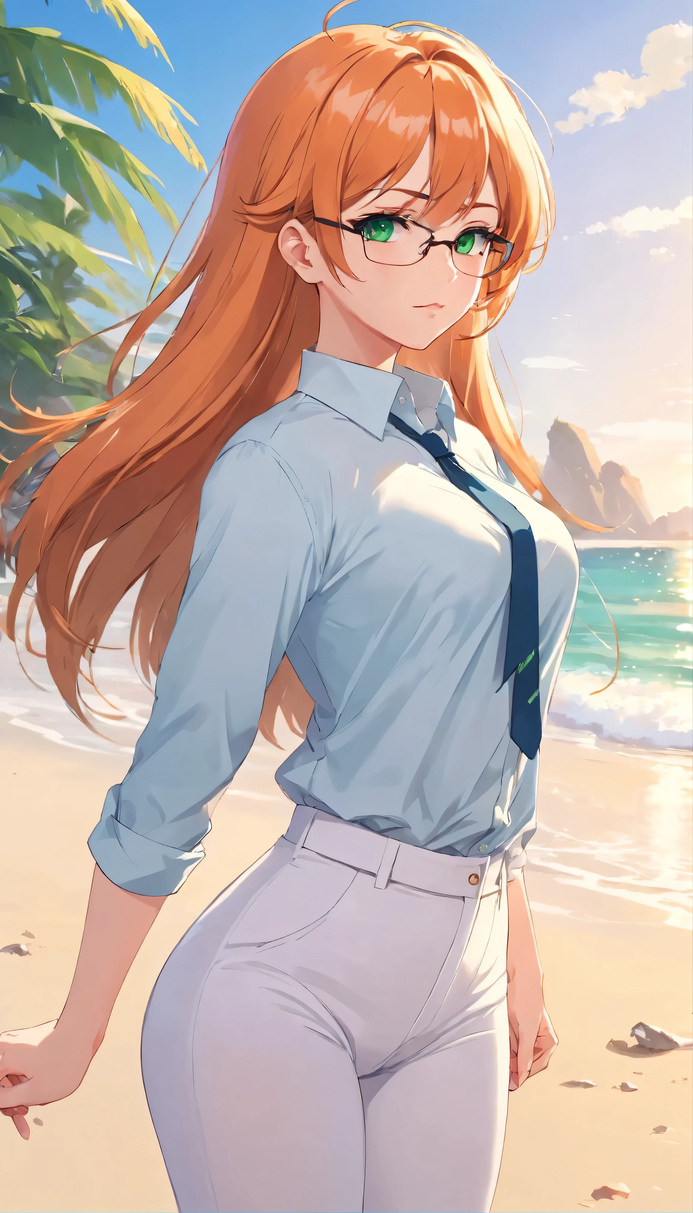(masterpiece, Best quality), 8K, ultra detailed, realistic photo, Detailed face, perfect lighting, green eyes, bright orange hair, bright hair, fox ears, nice legs, side photo, beautiful, Cute, skin pores, 1 girl, perfect shirt, fully dressed, beautiful women 30 years old, Beautiful proportions, Russian woman, Caucasian, European, Business lady, stunningly beautiful woman, mother, thick legs, show ass, big breasts, (Thin white shirt:1.4), thick, hot, (White Office Wear:1.4), tight pants, (wide hips:1.2), thick, (white Office pants:1.3), spread your legs, Legs open, full length, wide hips, Glasses, with long orange hair, standing on the beach near the ocean, green eyes detailed digital anime art, cat ear, anime girl with long hair, гладкое аниме cg art, anime girl with long hair, digital anime art, work in Guweiz style, Beautiful anime portrait, Photorealistic render of an anime girl, pantyhose, Beautiful anime girl, advanced digital anime art, guweiz на artstation pixiv HD UHD HQ