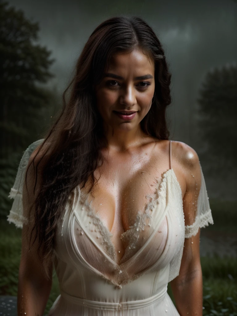 woman stands outside in the rain, shimmering skin, finest luxury, reflecting rain light on her, (she's soaking wet from the pouring rain, standing outside in open next to street light)), most beautiful woman on earth, (her hair is (dripping wet:1.2), she glistens with natural light glow, radiant skin) , long wet hair, (her summer dress soaked), a stunning American woman, Her skin is wet,, she smiles, outside, (relaxed , happy and refreshed)), (hyper-detailed wet dress, fabric, (rain drops visible in air, backlit)), (highest quality fabric texture), lush wet clothes with accent highlights, film quality, rain drops in air, splashing behind, puddles(ultra-realistic , rainy sky, atmosphere ,soft accent light, gorgeous Rembrandt style lighting, (Rembrandt patch)), (highest quality wet fabric texture), matte dress fabrics, Her wet drenched hair, ultra-realistic, adorned with long lashes, the color of fireflies, a world of passion. Finely detailed,(Fine-grained), (highest detail skin texture peach-fuzz earlobe realistic, water droplets) ○○ res – ultra high high resolution , very high texture (water highlights resolution), Photorealistic hands and fingers – (photorealistic beautiful 4k) , 8K,extreme detail, close and intimate, she looks to camera, teasing, Her perfectly sculpted lips, lifelike, highly real natural lips. she is a, Vermeer, a work of art, enticing. indulge in desire.solo woman, (highest quality fabric texture), light hair, every detail,Fine facial features, Masterpiece – Masterpiece ○○ quality – (Highest Quality) ,Leica film, High quality ○○ detailed – ○○ details ultra detailed(Ultra-fine ), Photorealistic, Extremely detailed(Extremely detailed) , Finely detailed, (highest detail water drops realistic)○○ res – ○○ resolution ultra high res(A high resolution)