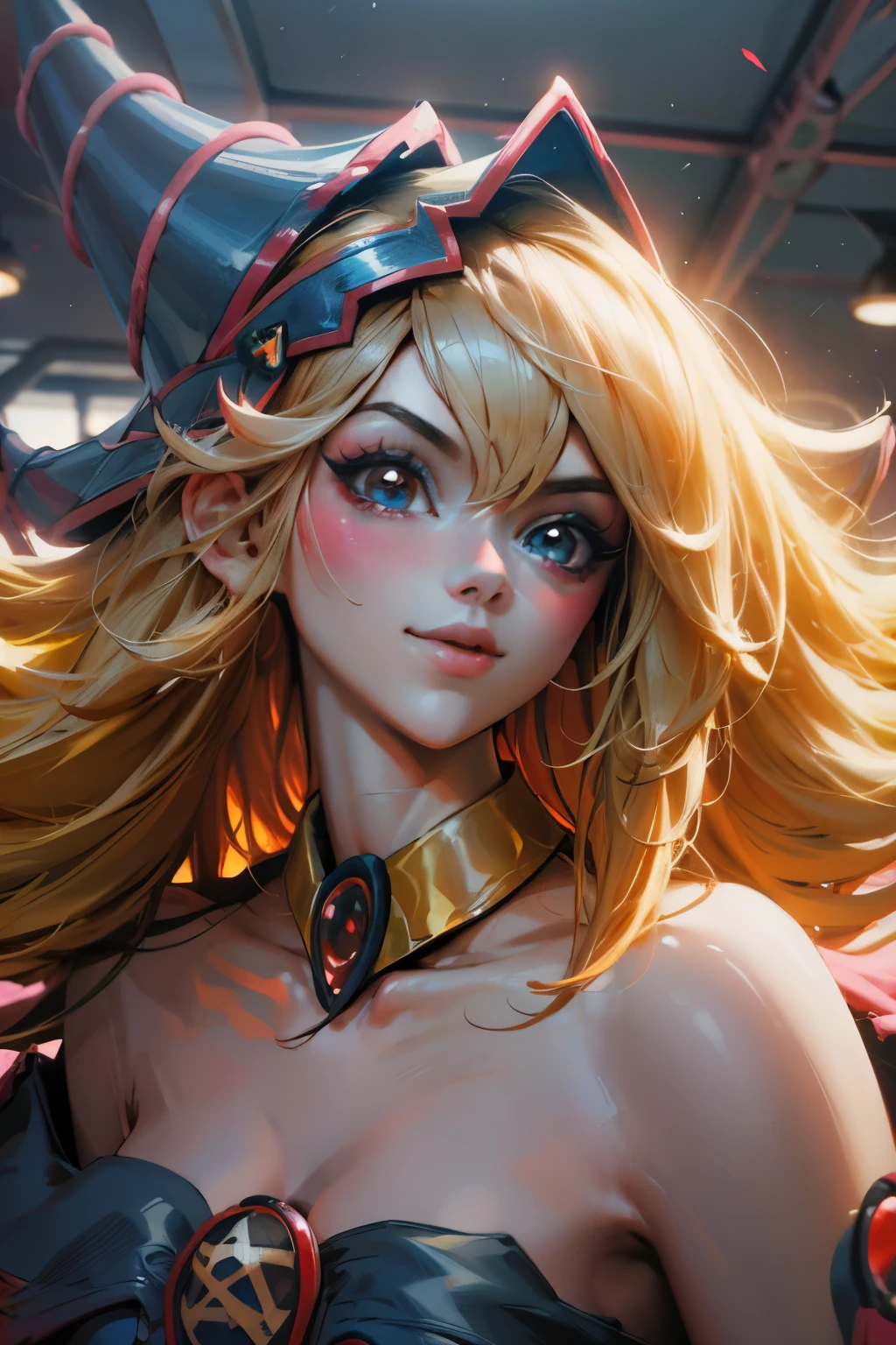 Hermoso rostro de dark magician gils, ojos azules. Labios rosados. Cabello rubio y largo. Ombros descubiertos, sonrisa angelical, hermoso rostro bien detallados de dark magician gils.
