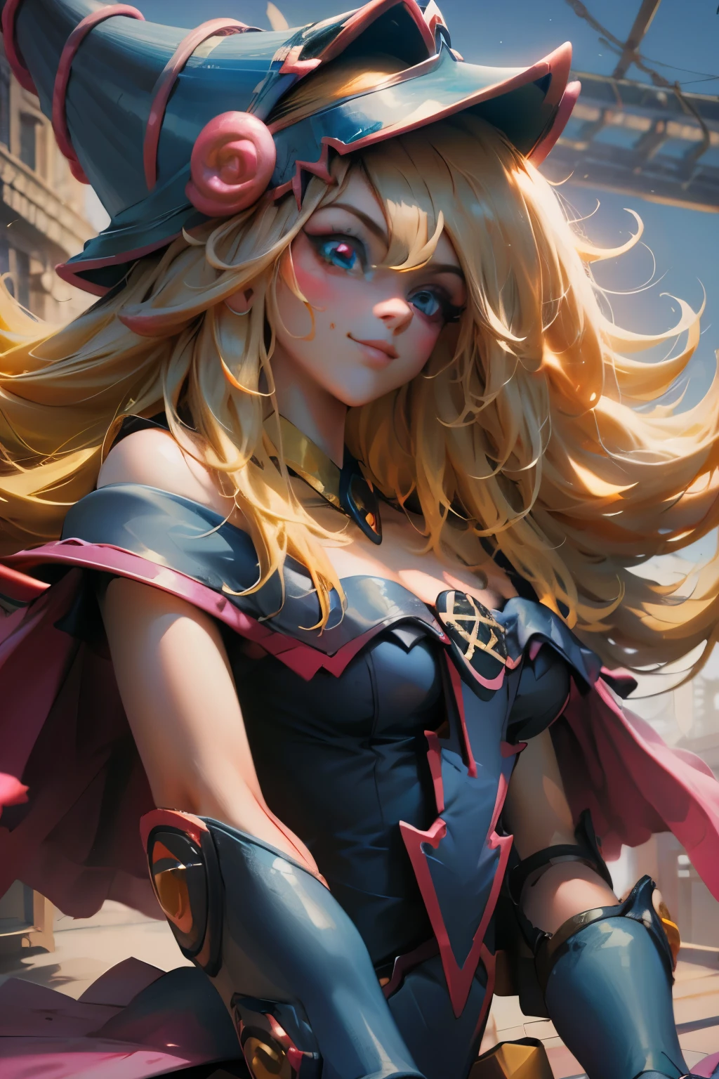 Hermoso rostro de dark magician gils, ojos azules. Labios rosados. Cabello rubio y largo. Ombros descubiertos, sonrisa angelical, hermoso rostro bien detallados de dark magician gils.