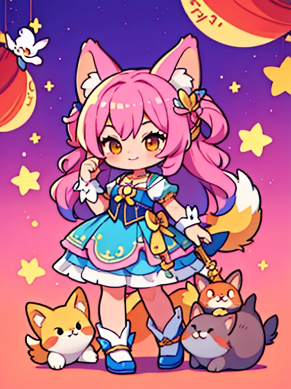(parte maestra, mejor calidad:1.2), detalles intrincados, Guardian Star Ahri, 1 chica, orejas de animales, adorno para el pelo, mangas resaltadas, hombros descubiertos, Falda, magical girl, multiple queues, pelo rubio, sonrisa ligera
