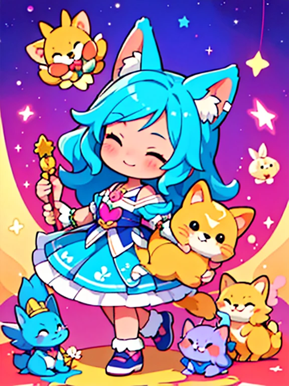 (parte maestra, mejor calidad:1.2), detalles intrincados, Guardian Star Ahri, 1 chica, orejas de animales, adorno para el pelo, mangas resaltadas, hombros descubiertos, Falda, magical girl, multiple queues, pelo rubio, sonrisa ligera