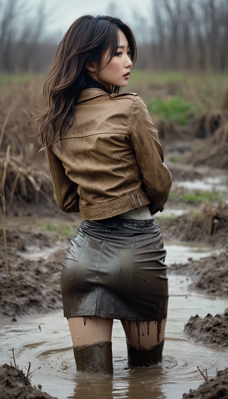 8k, ultra-detailed, grainy film photo, masterpiece, physical-based rendering, ultra-detailed, back view:1.0, vivid, muffled colors, muted light:1.2, depraved pose, nylon stockings, faded leather jacket, pencil skirt, mature depraved woman drowning in mud swamp, long messy brunette hair, asian, look back, beige, brown,