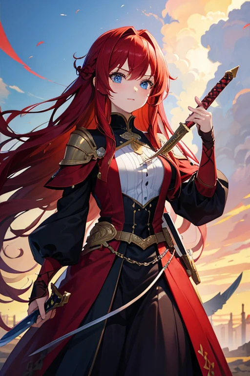 masterpiece, highest quality, High resolution，Anime Style、Red hair、Long Hair、blue eyes、dress、Holding a sword