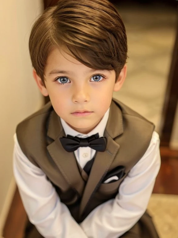 A  boy, muy hermoso, piel blanca, rasgos finos, light brown eyes, light brown hair, ojos rasgados, mirada seria, mirada triste, vestido muy formal, en la sala de estar.
