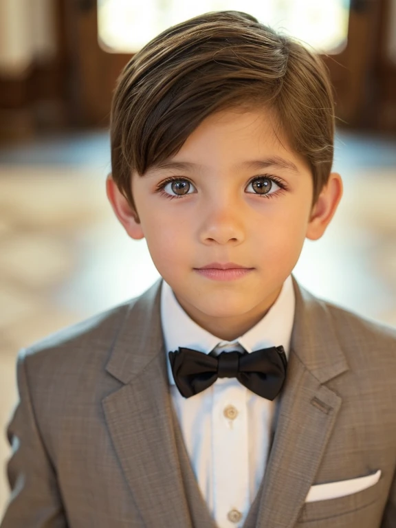 A nine year old boy, muy hermoso, piel blanca, rasgos finos, light brown eyes, light brown hair, ojos rasgados, mirada seria, mirada triste, vestido muy formal, en la sala de estar.