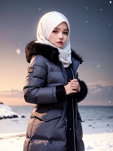 muslim girl, hijab, fur puffer winter coat with hood, snowy background