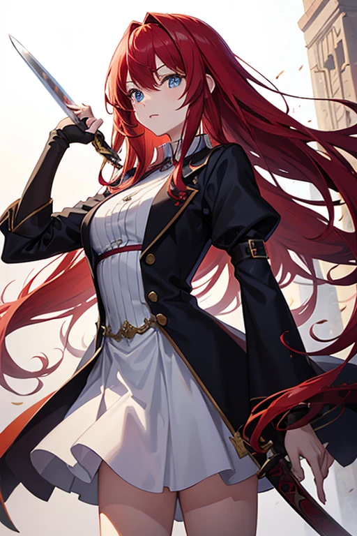 masterpiece, highest quality, High resolution,Anime Style、Red hair、Long Hair、blue eyes、dress、Holding a sword