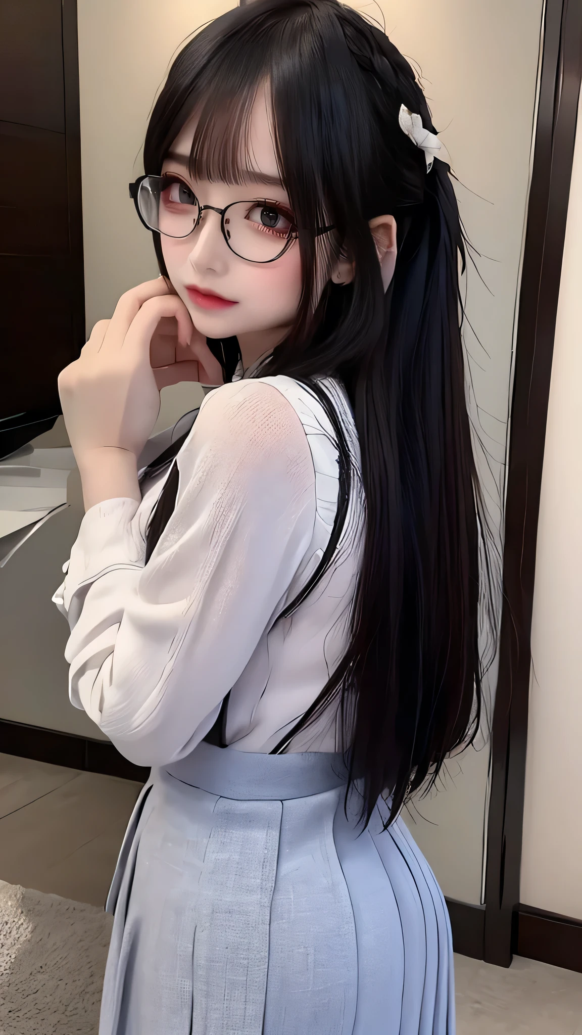 from behind,looking back,(random cute uniform),(random porn pose),(Thin type),(large breasts),(random hairstyle),(Highest image quality, (8K), Ultra-realistic, Best Quality, High quality, High Definition, high quality texture, high detailing, Beautiful detailed, fine detailed, extremely details CG, Detailed texture, realistic representation of face, masterpiece, presence),(wearing glasses:1.5)