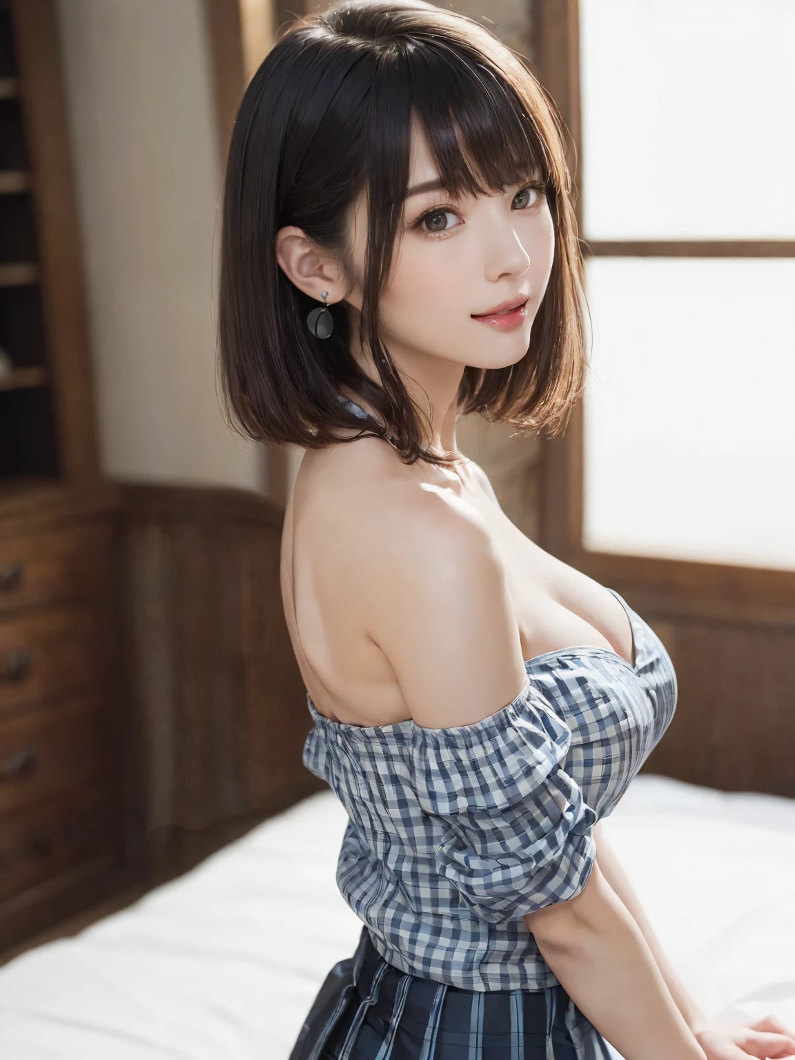 (From the back:1.4、Tabletop:1.4、highest quality:1.4、Best image quality:1.4、Cute beautiful adult woman, Beautiful symmetrical face、Adult smile:1.4、Beautiful Teeth、Lip gloss、Short Brunette Bob、Shiny shiny hair、Has shiny bangs:1.4、bangs:1.4、length, shiny shorthair、length neck:1.4、Show me your ears、Tall Supermodels、Broad shouldered supermodel、{Huge|big|Huge|Mega} chest:2, 非常に大きなchest、Beautiful chest have cleavage:2)、(very beautiful back、Beautiful, glowing skin、Cute school girl、Off-the-shoulder white see-through shirt、Checkered sheer loop pleated short skirt、28 years old)、Very cute and attractive woman、very beautiful back、Perfect Anatomy