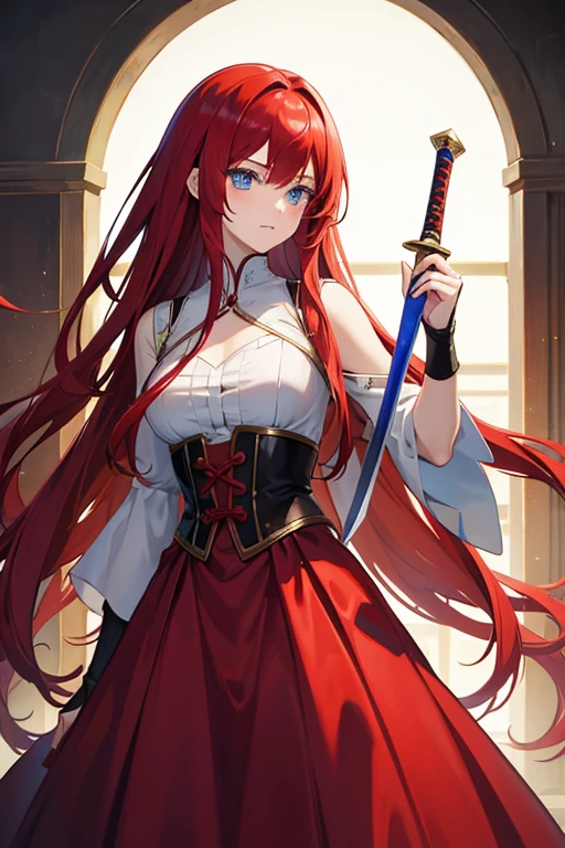 masterpiece, highest quality, High resolution,Anime Style、Red hair、Long Hair、blue eyes、dress、Holding a sword