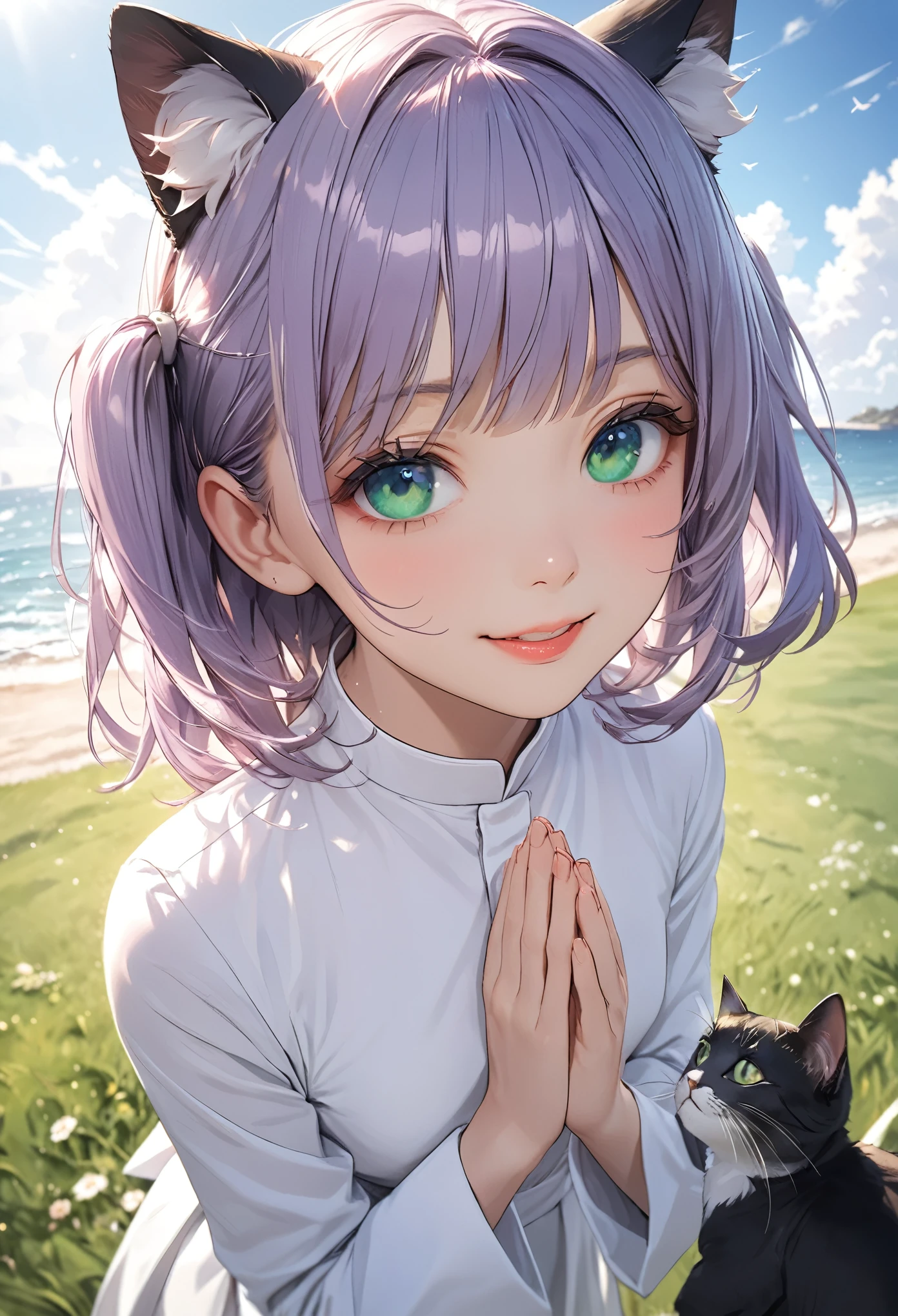 heterochromia, ((Masterpiece)), ((best quality)), (super detail:1.2), (High Definition:1.3), (Professional Photography:1.2), (fisheye), (sharp focus), (perfect light), (()), Textured skin, cinematic lighting, cute teenage girlll breast)), (Healthy slim body), (Priest Uniform), pale purple hair, two side up, medium hair, (loose blunt bangs), ((glossy lips)), (put on cat ears), ((loving smile)), open mouth, 1girl, solo, BREAK, ((best quality)), (super detail:1.2), looking at another, ((beautiful emerald colored eyes)), (praying on the lawn), View of the sea, summer sky,