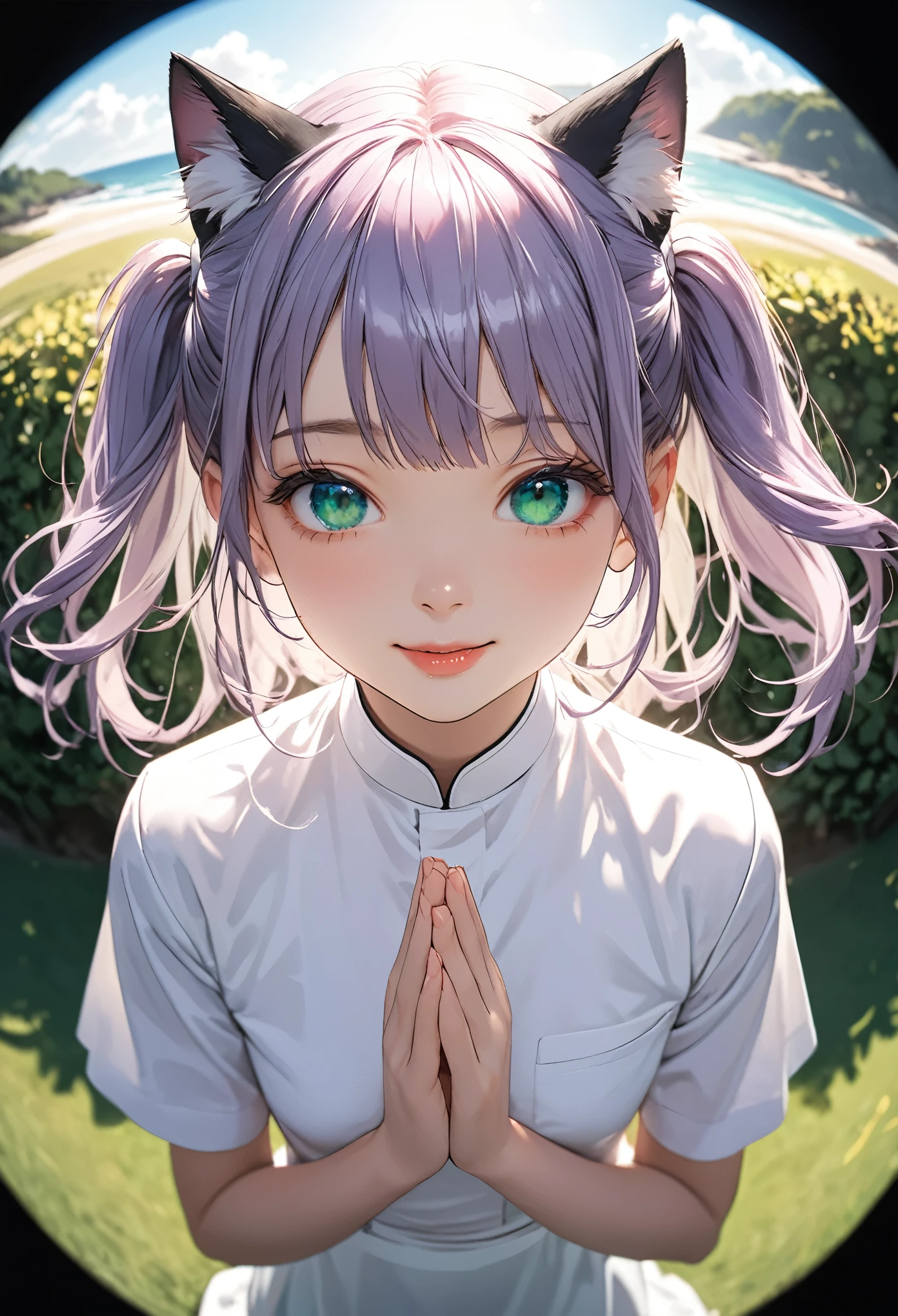 heterochromia, ((Masterpiece)), ((best quality)), (super detail:1.2), (High Definition:1.3), (Professional Photography:1.2), (fisheye), (sharp focus), (perfect light), (()), Textured skin, cinematic lighting, cute teenage girlll breast)), (Healthy slim body), (Priest Uniform), pale purple hair, two side up, medium hair, (loose blunt bangs), ((glossy lips)), (put on cat ears), ((loving smile)), open mouth, 1girl, solo, BREAK, ((best quality)), (super detail:1.2), looking at another, ((beautiful emerald colored eyes)), (praying on the lawn), View of the sea, summer sky,