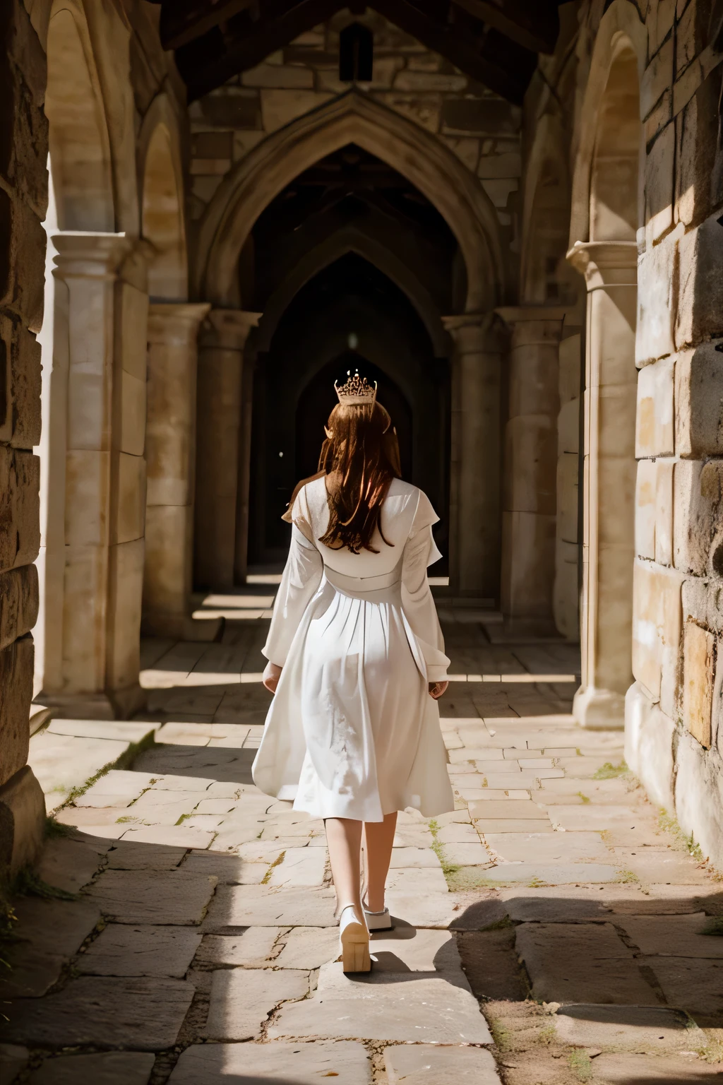 Beautiful castle, walking forward, not showing her face, wearing a crown, white dress, milky white skin, red brown hair