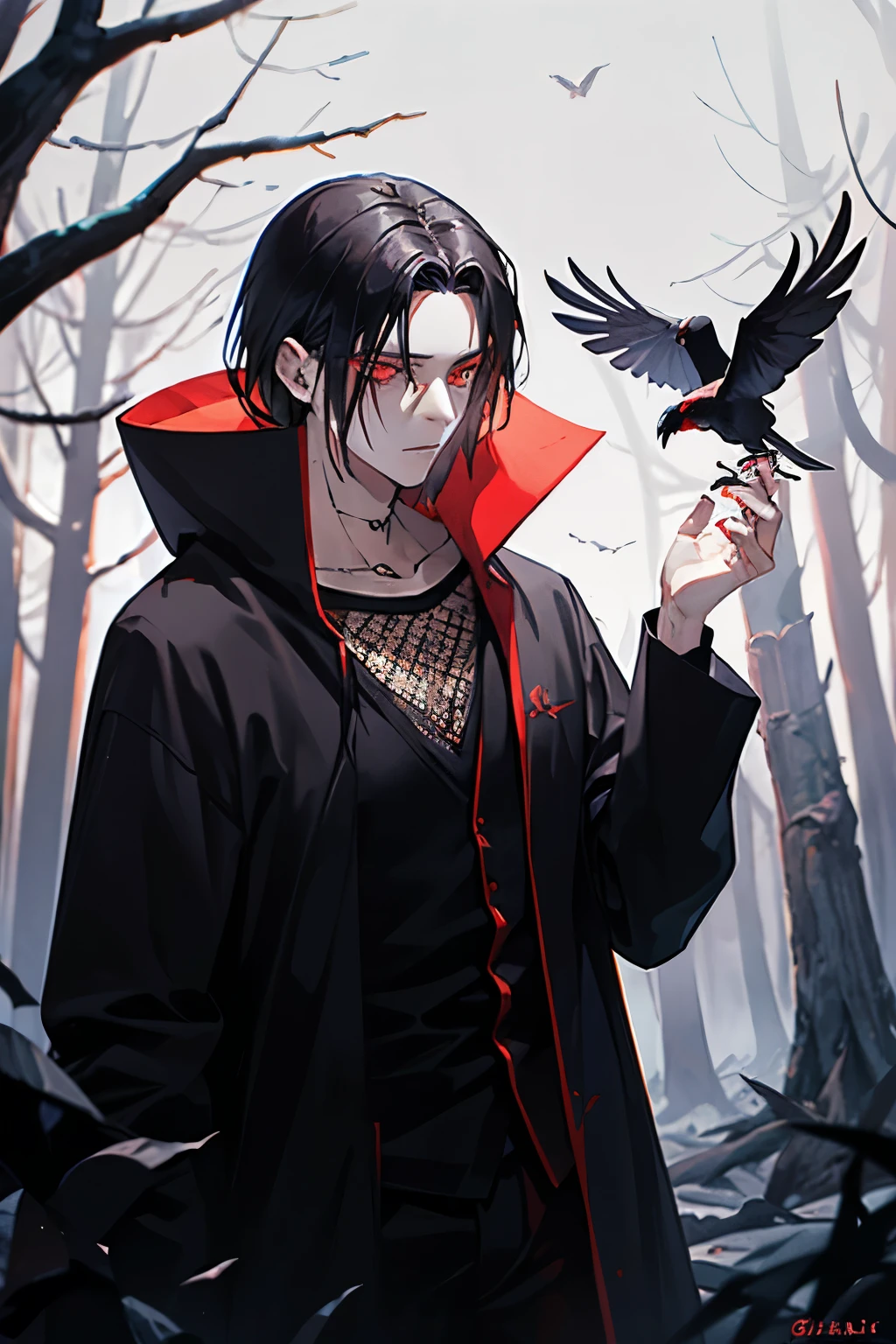 Man, black hair, red eyes in the middle of a dark forest, a raven in a tree, black cloak.