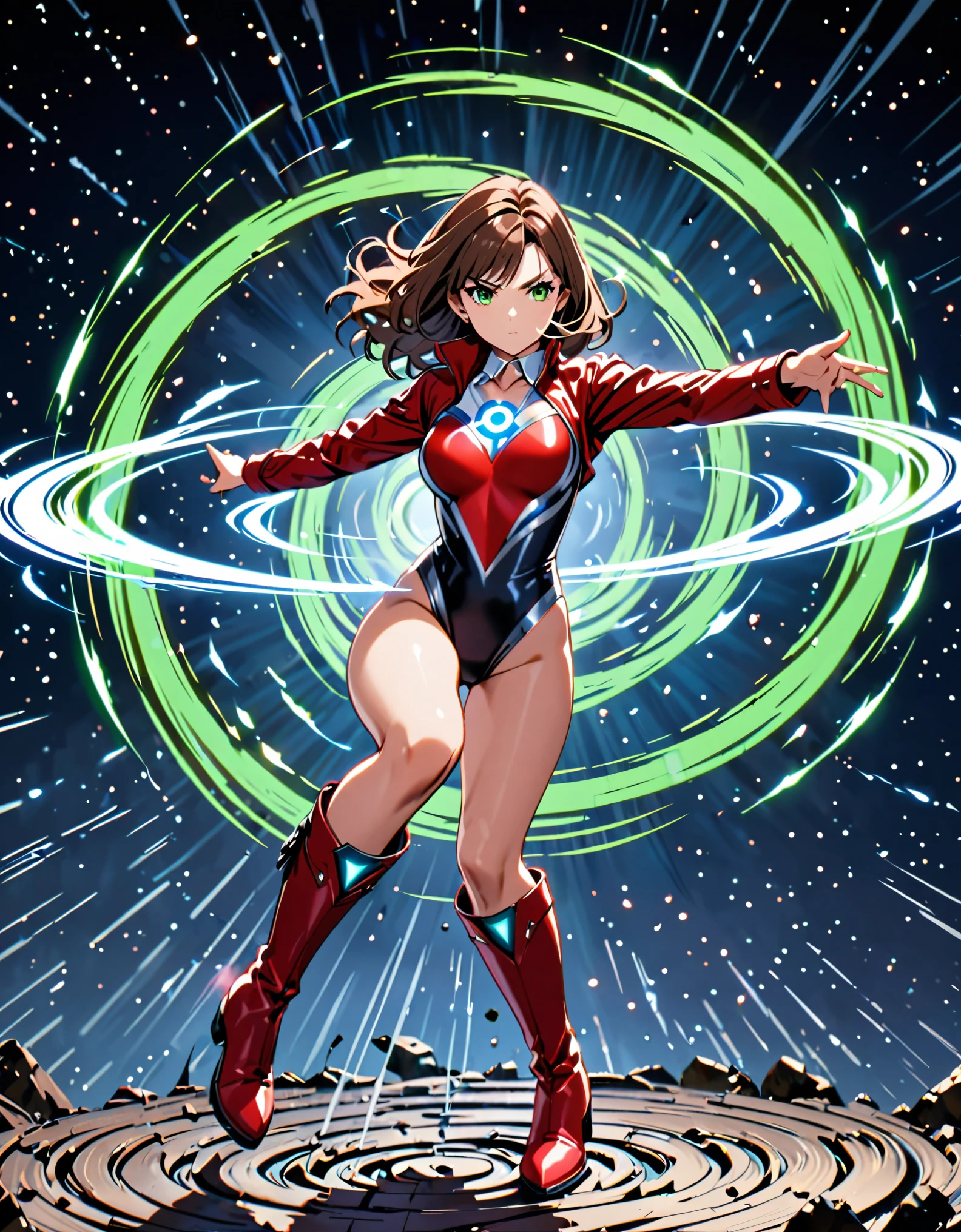 (masterpiece), (best quality), (high res), 1lady, tall body, beautiful detailed eyes, beautiful detailed face, serious, perfect hands, complete fingers, perfect anatomy, perfect proportions, ((brown hair, medium hair)), ((green eyes)), ((leotard, red leotard, matching leotard)), ((white dress collar, open collar)), ((bare legs)), ((boots, matching boots, ankle-high boots, red boots)), breasts, medium breasts, (full body portrait), looking at viewer, (solo, solo focus), cowboy shot, space backdrop, ((yellow V (symbol) on chest)), ((red leather jacket, open jacket)), full body costume design. ((raised arms, spins fast in place like a (tornado), raised arms, standing position, she spins at an incredible speed, creating a whirlwind of air around her, cyclone spinning)), ((spiral lines, spinning energy pulse around her)). Curved Sword Slash.