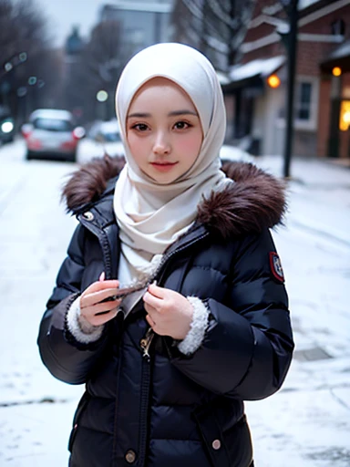 muslim girl, hijab, fur puffer winter coat with hood, snowy background