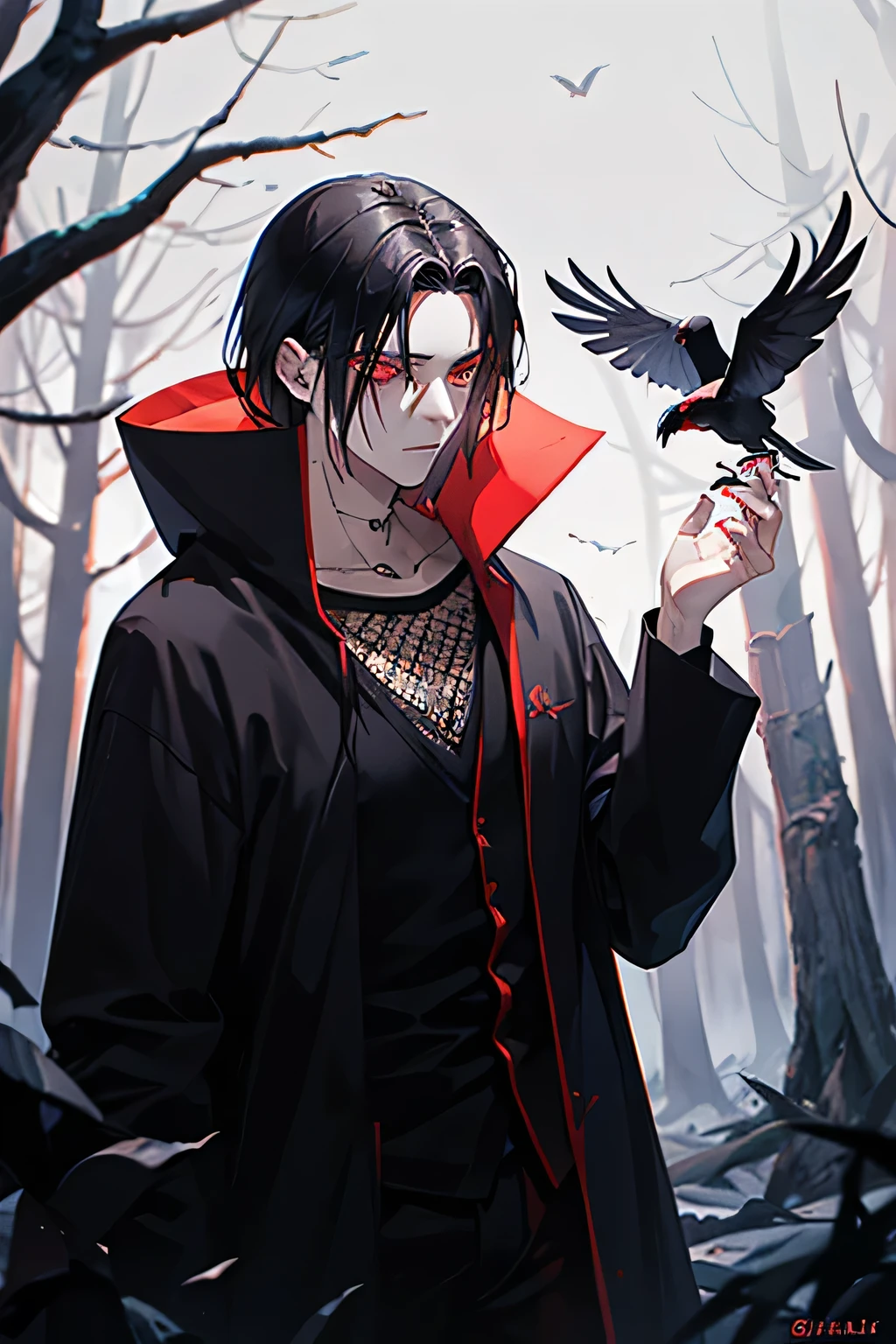 Man, black hair, red eyes in the middle of a dark forest, a raven in a tree, black cloak.