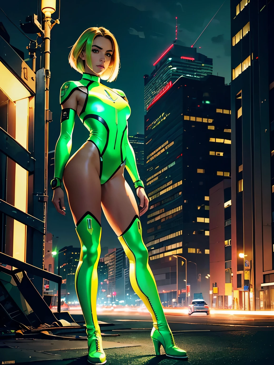 ((melhor qualidade)), ((Obra de arte)), ((ultra realistic)), loira americana, lindo rosto detalhado, olhos detalhados, sexy oficial militar americano, US army officer, city scenery, neon edge lighting, altamente detalhado, Profissional, vestido com uma malha verde e branca, neon edge lighting, altamente detalhado, Profissional, pernas nuas, corpo todo, cabelo medio, Cabelo Bob, botas de joelho, mangas compridas, standing, corpo todo, cabelo medio, Cabelo Bob, Sozinho, olhos verdes