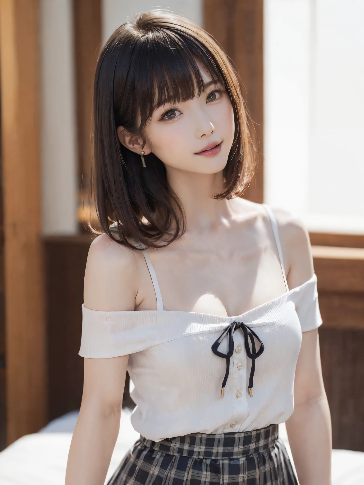 (From the back:1.4、Tabletop:1.4、highest quality:1.4、Best image quality:1.4、Cute beautiful adult woman, Beautiful symmetrical face、Adult smile:1.4、Beautiful Teeth、Lip gloss、Short Brunette Bob、Shiny shiny hair、Has shiny bangs:1.4、bangs:1.4、length, shiny shorthair、length neck:1.4、Show me your ears、Tall Supermodels、Broad shouldered supermodel、{Huge|big|Huge|Mega} chest:2, 非常に大きなchest、Beautiful chest have cleavage:2)、(very beautiful back、Beautiful, glowing skin、Cute school girl、Off-the-shoulder white see-through shirt、Checkered sheer loop pleated short skirt、28 years old)、Very cute and attractive woman、very beautiful back、Perfect Anatomy