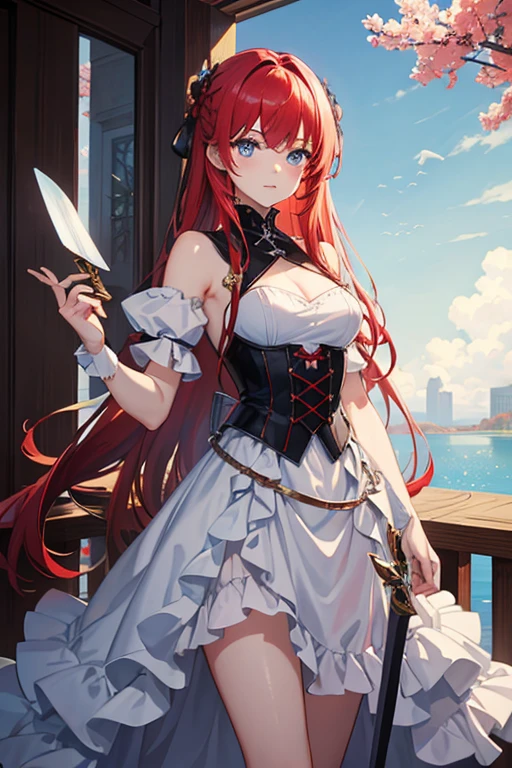 masterpiece, highest quality, High resolution,Anime Style、Red hair、Long Hair、blue eyes、dress、Hold a longsword