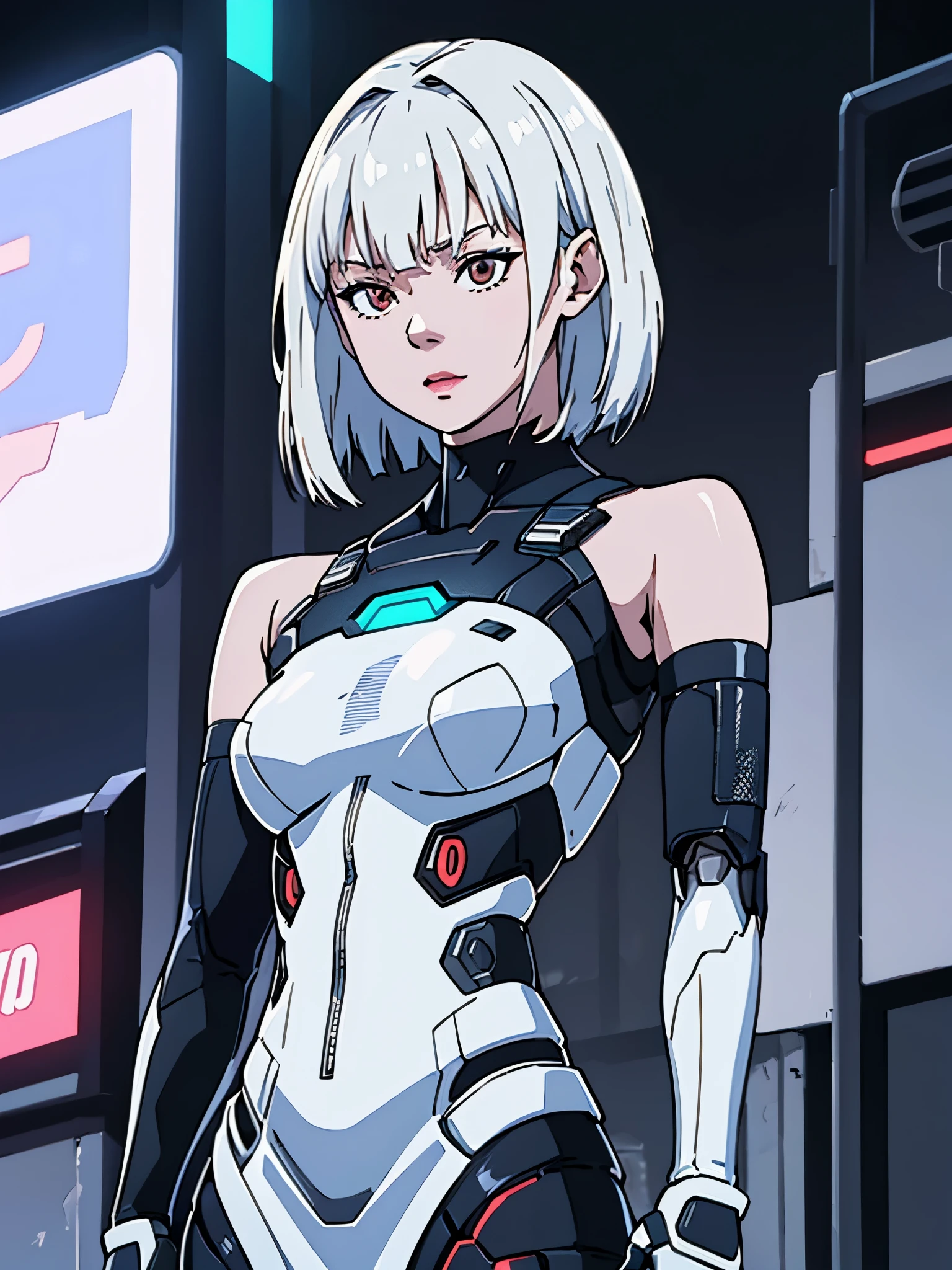 digital art drawing, illustration of (Winter from k-pop group aespa, short white hair with bangs, brown eyes, flat chest, topless, nude, exposed breasts, metal robotic arms, cyborg arms, evil look, neon details, cyberpunk 2077), anime drawing/art, bold linework, illustration, digital art, masterpiece, flat illustration, no shadows, 8k resolution, high detail, vector art, only anime, perfect eyes, perfect hands, perfect fingers, sharpness, high clarity, medium shot, high fidelity
