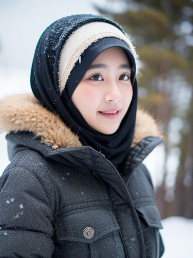 muslim girl, hijab, fur puffer winter coat with hood, snowy background