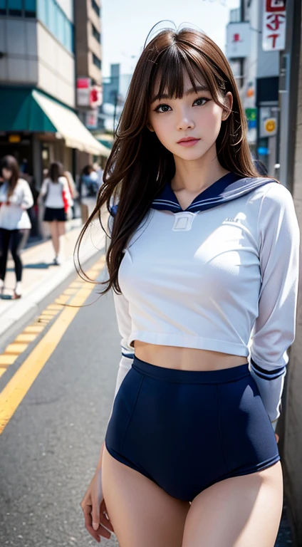 (masterpiece:1.3), (8k, Realistic, RAW Photos, Best image quality: 1.4), Japanese, (One Girl), Beautiful Face, (Lively Faces), Beautiful Hairstyles, Realistic eyes, Beautiful details in the eyes, (Realistic Skin), Beautiful skins, Charm, 超A high resolution, Ultra-realistic, Attention to detail, Golden Ratio, (Detail Makeup:1.2), View your viewers,Tabletop, highest quality, Very detailed, In detail, High resolution, Composition of the whole body、Beautiful details,, Natural color lip,Realistic、Realistic、alone、Realistic、highest quality、Very detailedな顔、Very detailedな目と顔、Beautiful and detailed、Absurd、Unbelievably absurd、Floating Hair、Brown Hair、Wavy Hairstyle、Medium Hair、(Extremely detailed CG、8K Image Wallpapers)、(Very delicate and beautiful)、(masterpiece)、(highest quality:1.0)、(超A high resolution:1.0)、Beautiful lighting、Perfect Lightning、Realistic Shadows、[High resolution]、Detailed skin、Very detailedな、Detailed face and eyes、Realistic eyes、Sharp pupils、Beautiful Face、Outdoor、Downtown Japan、Amidst the hustle and bustle、Blurred Background、Glowing Skin、Blunt bangs、Red Eye、(Sailor suit 1.2)、Sailor suits have long sleeves、Ultra HD Photos, 8K quality, School Area, Systemic composition, Looking into the camera, Japanese women, Perfect beauty, Texture with visible pores, Perfect Face, Transparent muscle, Transparent muscle, Beautiful and toned body, Muscular, thin, Small breasts, Tight ass and small breasts、Small Ass、 Bloomers (Bloomers in Japan School, Seamless Design, Monochromatic Bloomers, Bloomers are dark blue, Exactly、Bloomers are elastic fabrics、Bloomers length from navel３ｃｍThe following degrees::, )、In the middle of the road on the way home from school、bottomless、High leg、(bottomless running)