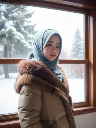 muslim girl, hijab, fur puffer winter coat with hood, bedroom, snowy window background