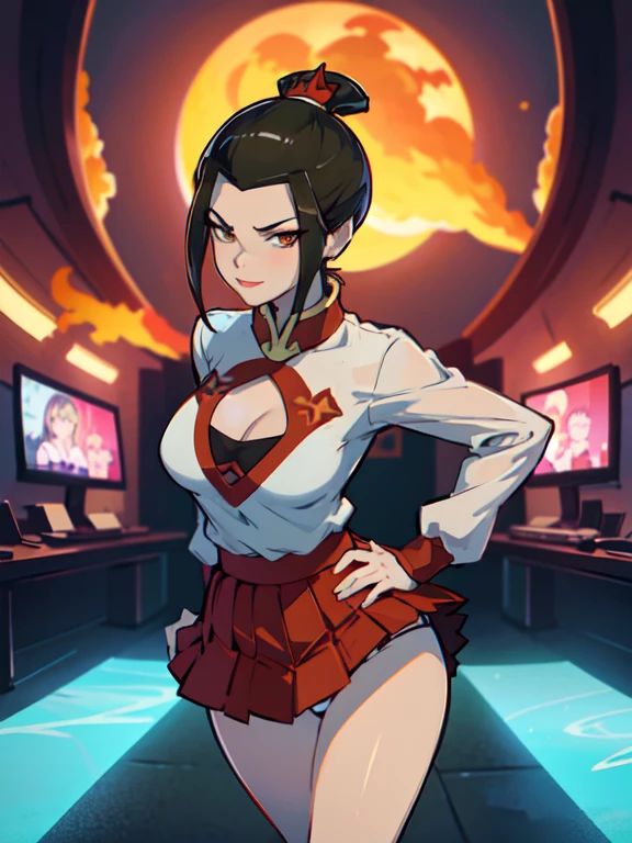 masterpiece, best quality, solo, 1girl, azula, closed mouth, smirk, makeup, cleavage, (white shirt, miniskirt, panties), wide hips, ass, big ass. standing, legs apart, lipstick, looking at the viewer, school background, erotica, gyaru, schoolgirl-whore