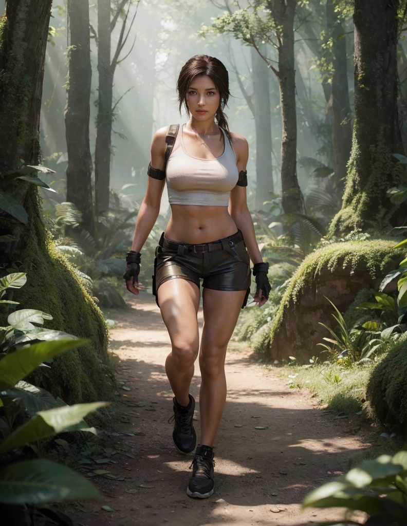 Lara Croft, brown eyes, (best quality, ultra-detailed), (realistic:1.37), beautiful and detailed face, ultra-realistic texture, delicate face, delicate body, red lipstick, bright colors. High definition, 8K, well defined legs