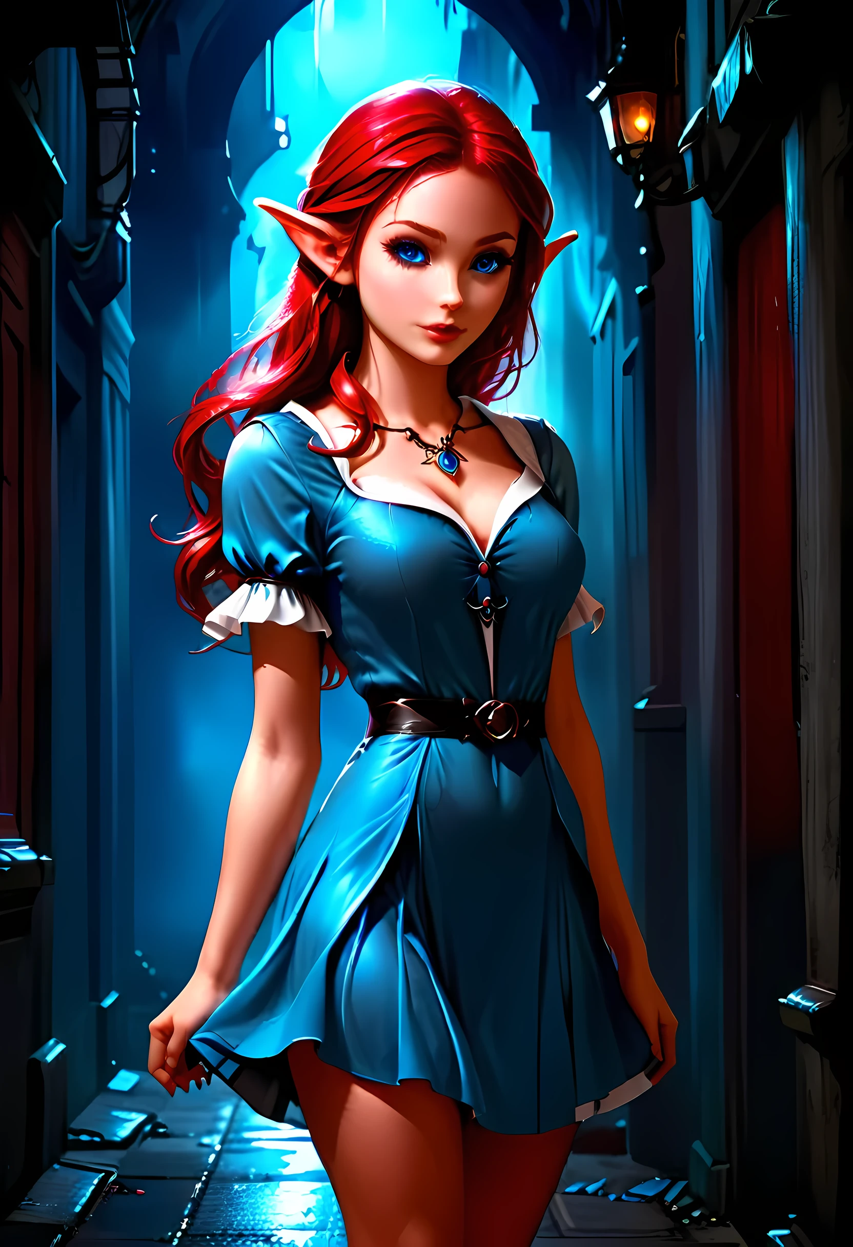 high details, best quality, 16k, [ultra detailed], masterpiece, best quality, (extremely detailed), full body, ultra wide shot, photorealistic, fantasy noir art, a beautiful female ((elf: 1.4)), mysterious. dark noir film, glam photoshoot, she has (red: 1.) hair, long hair, (blue: 1.4) eyes, small pointed ears. she wears white buttons shirt, dynamic color dress, dark alley in an modern urban setting, she is has magical aura, high details, best quality, highres, ultra wide angle, Into Darkness, AlchemyPunkAI