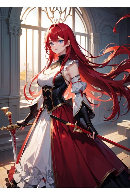masterpiece, highest quality, High resolution,Anime Style、Red hair、Long Hair、blue eyes、dress、Hold a longsword