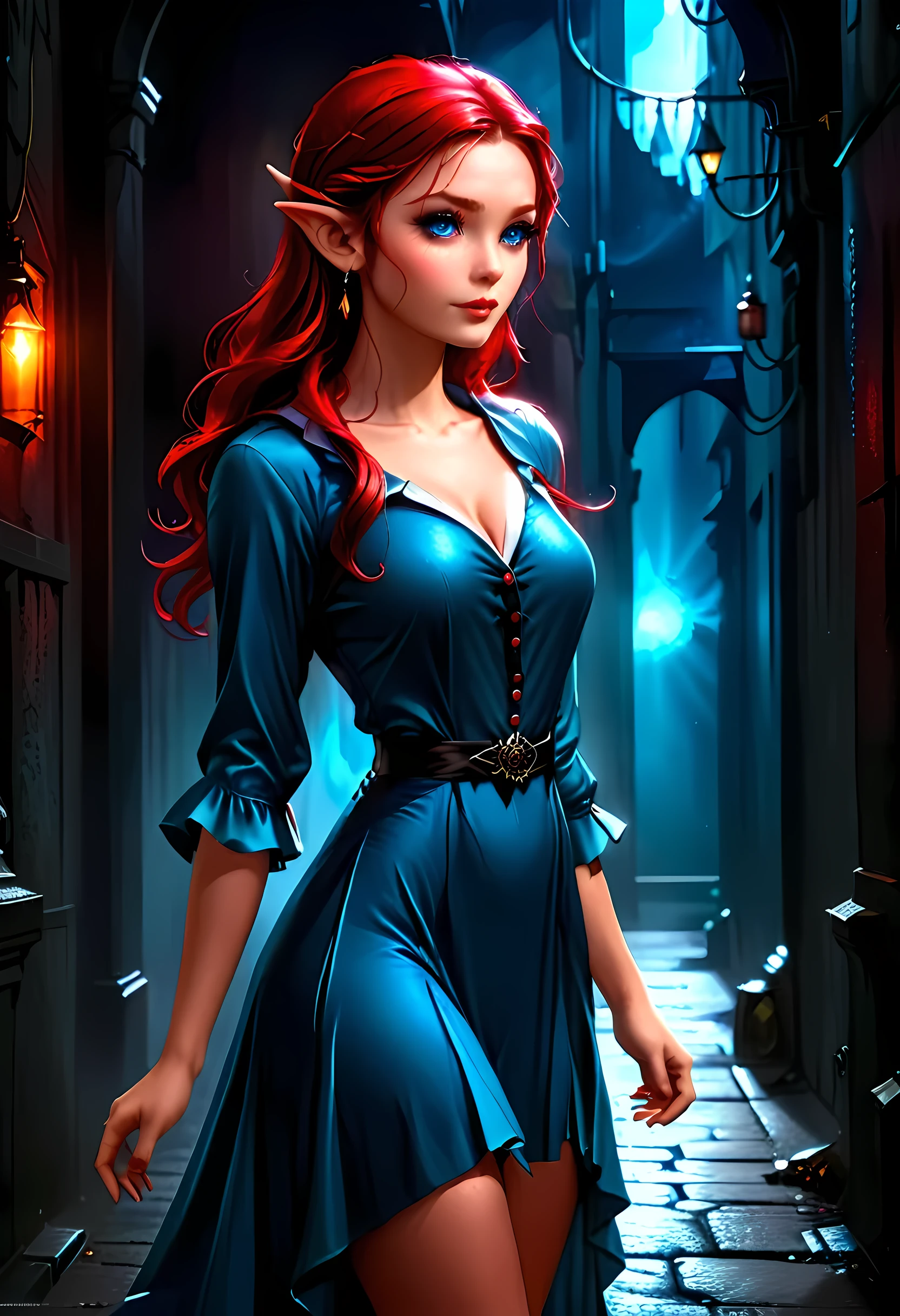 high details, best quality, 16k, [ultra detailed], masterpiece, best quality, (extremely detailed), full body, ultra wide shot, photorealistic, fantasy ???? art, a beautiful female ((elf: 1.4)), mysterious. dark noir film, glam photoshoot, she has (red: 1.) hair, long hair, (blue: 1.4) eyes, small pointed ears. she wears white buttons shirt, dynamic color dress, dark alley in an modern urban setting, she is has magical aura, high details, best quality, highres, ultra wide angle, Into Darkness, AlchemyPunkAI