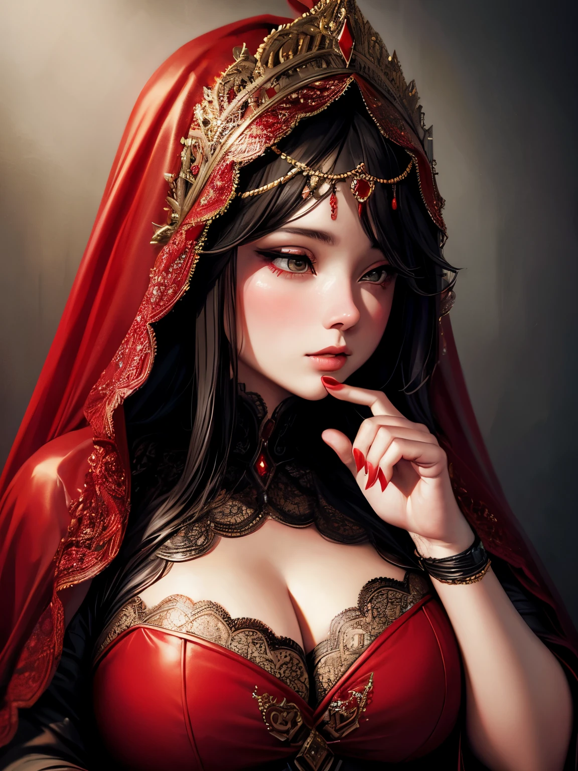 a chubby elegant woman in a red veil covering her eyes, fingers on her lips, long red nails, black background, photo-realistic, high quality, intricate details, oil painting, dramatic lighting, muted colors, mysterious atmosphere