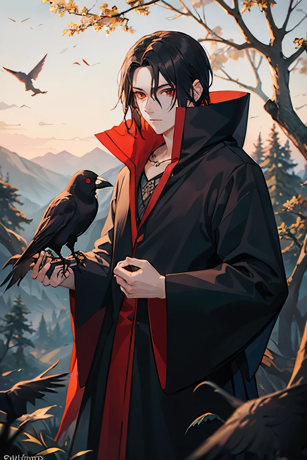 Man, black hair, red eyes in the middle of a dark green forest, a crow in a tree, black cloak, large village in the background.