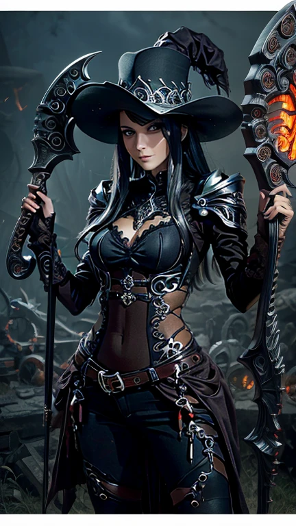 High resolution ultra detailed photography of a female necromancer with a bone scythe in her hand, female necromancer with clothes made of bones, female necromancer in a standing threatening pose looking towards the camera, photo background gloomy at night, The female necromancer's face is that of a Native American woman, face clearly detailed with red eyes