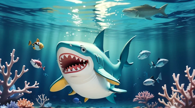 Create an animated baby shark swimming happily in a bright, colorful underwater scene, surrounded by animated fish and coral. Similar to baby shark in youtube
