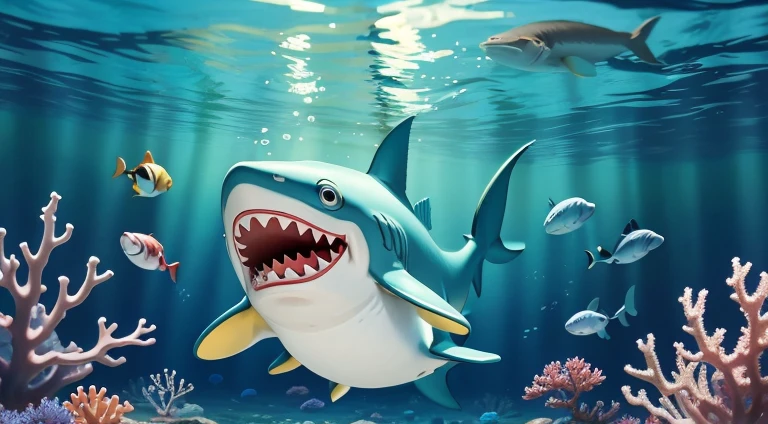 Create an animated baby shark swimming happily in a bright, colorful underwater scene, surrounded by animated fish and coral. Similar to baby shark in youtube