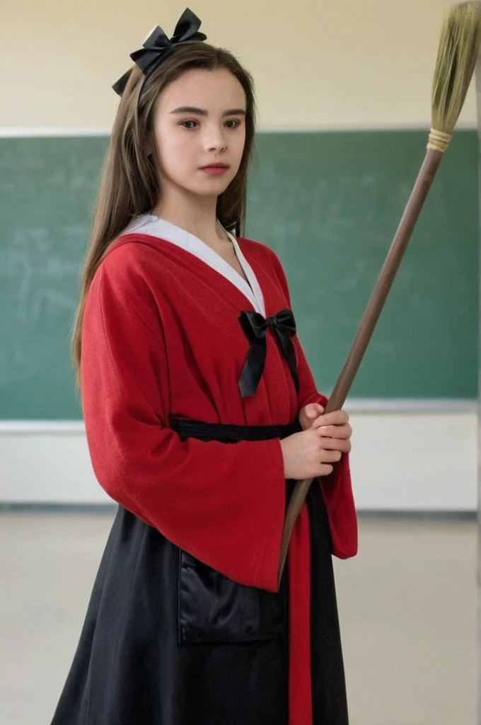 MathildaMaySDXL, 20 years old, (tmasterpiece1.4), (best quality: 1.4), (high resolution 1.4), girl, red robe, black bow, holding a broom, look at your broom. The story begins in a high school where a group of students gather and discuss the importance of morality.