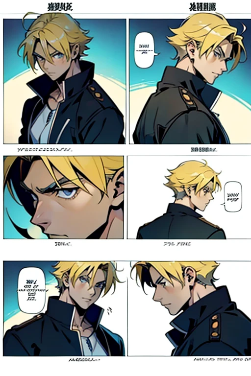 Anime guy with blonde hair top down view, manga page with panels and dialogue