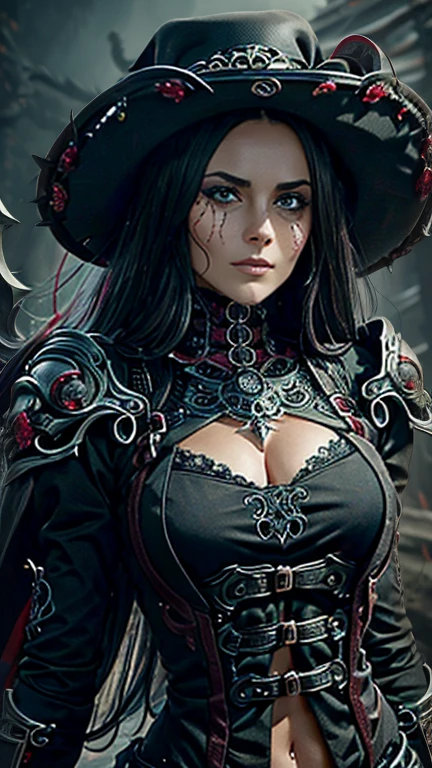 High resolution ultra detailed photography of a female necromancer with a bone scythe in her hand, female necromancer with clothes made of bones, female necromancer in a standing threatening pose looking towards the camera, photo background gloomy at night, The female necromancer's face is that of a Native American woman, face clearly detailed with red eyes