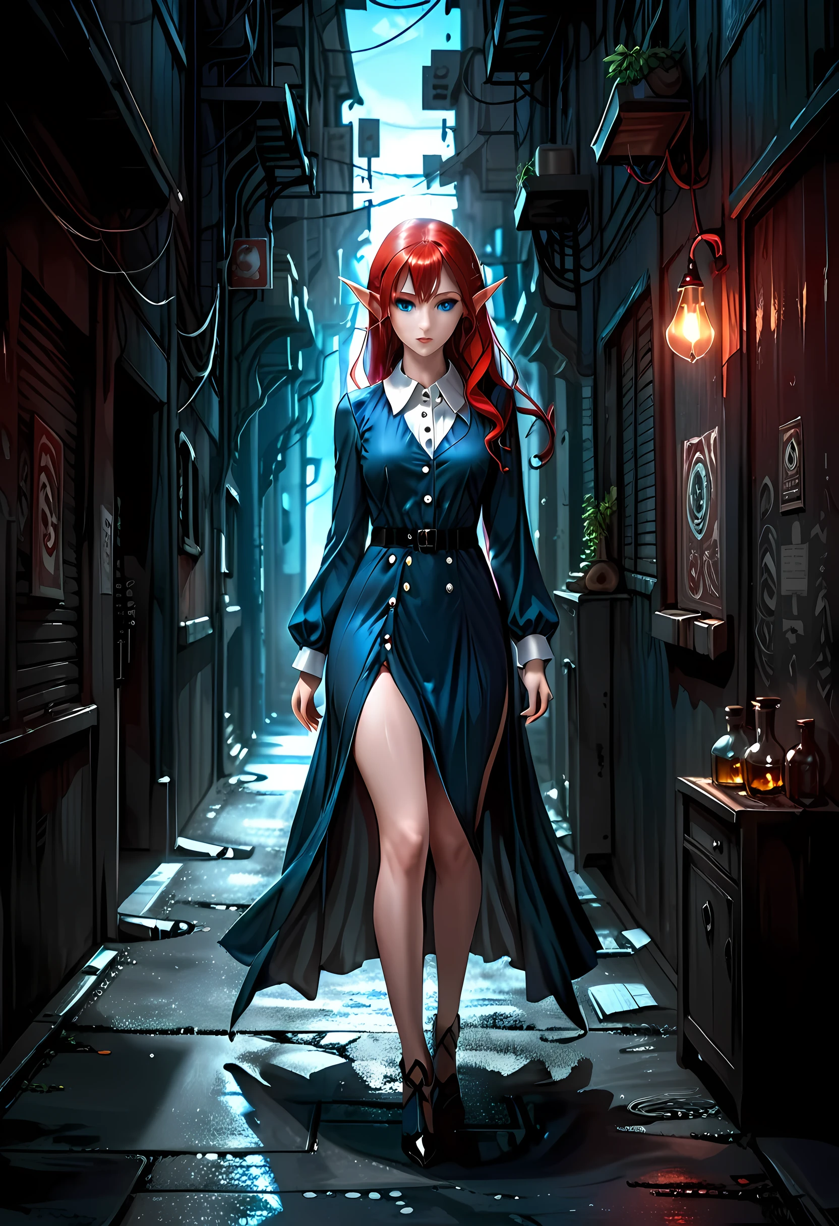 high details, best quality, 16k, [ultra detailed], masterpiece, best quality, (extremely detailed), full body, ultra wide shot, photorealistic, fantasy noir art, a beautiful female ((elf: 1.4)), mysterious. dark noir film, glam photoshoot, she has (red: 1.) hair, long hair, (blue: 1.4) eyes, small pointed ears. she wears white buttons shirt, dynamic color dress, dark alley in an modern urban setting, she is has magical aura, high details, best quality, highres, ultra wide angle, Into Darkness, AlchemyPunkAI