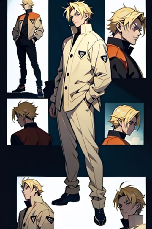Anime guy with blonde hair, top down view, full body shots, manga page with panels and dialogue 