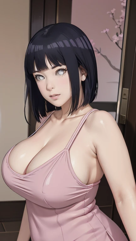 Chubby, Curve, thick, Made, absurderes, Hinata\(Boruto\), 1girll, Solo,Mature female, view the viewer,Perfectcomposition, Detailed lips, big breast, Beautiful face, body chubby, Blush, (white lips), Long hair, Purple eyes, Soft gaze, angry smile, Super realistic, Detailed, photoshoot, Realistick faces and bodies，（perspire，Sweat a lot，Blushlush，Be red in the face，Blushlush），（Bigboobs），japanese house，Stand at the door，natta，raining day, ((short dress)), ((cleavage)), sideboob, dark hair, sleeveless, thighs, full body