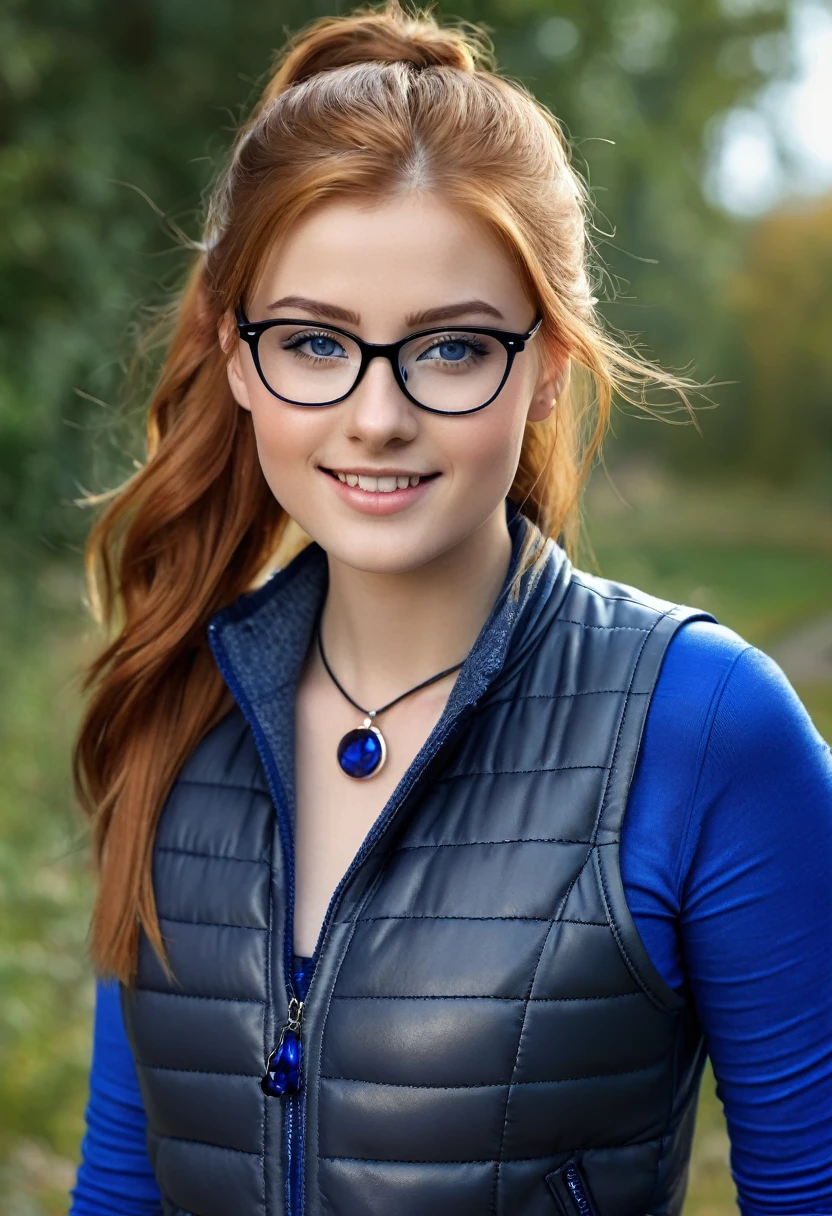 hyperrealistic beautiful busty 18-year-old teen girl with long legs wearing grey longsleeve with royal blue padded vest and black leather pants, model shooting full body photography, natural redhead with long ponytail, glasses, freckles, dark eye makeup with eyeliner, seductive smile, small necklace, 8K, Best quality, Meisterwerk, ultra high resolution, (Realismus: 1.4), Originalfoto, (realistische Hautstruktur: 1.3), (Filmkorn: 1.3), (Selfie-Winkel), 1 girl, Beautiful round hazel eyes and facial details, Meisterwerk, Best quality, street photography on a sunny day, nsfw with cameltoe
