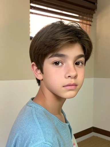 A fourteen year old boy, muy hermoso, piel blanca, rasgos finos, light brown eyes, light brown hair, small slanted eyes, mirada seria, mirada triste, desvestido, en la sala de estar, gafas discretas, camisa abierta,